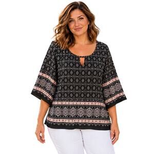 Avenue Boho Tunic Womens Size 1X Black Pink Western Tribal Border Top